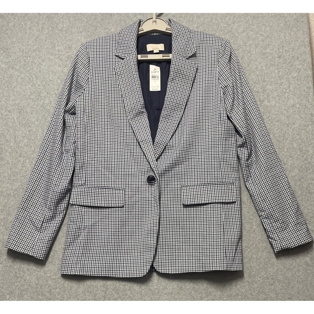 LOFT Blazer Women's Sz 0 Navy Blue And White Gingham Blazer Preppy Office